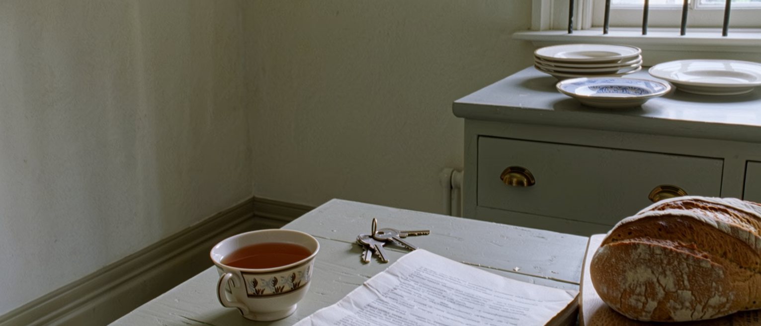 a kitchen table seen close with a printed constitution open at its first pages, a cup of rooibos, a set of keys and the breadboard with its loaf, the dresser with its plates close behind and the barred window soft beyond
