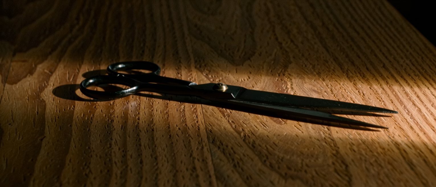 a pair of long tailor's shears laid open on a bare hardwood workbench, the blades bright along the cutting edge