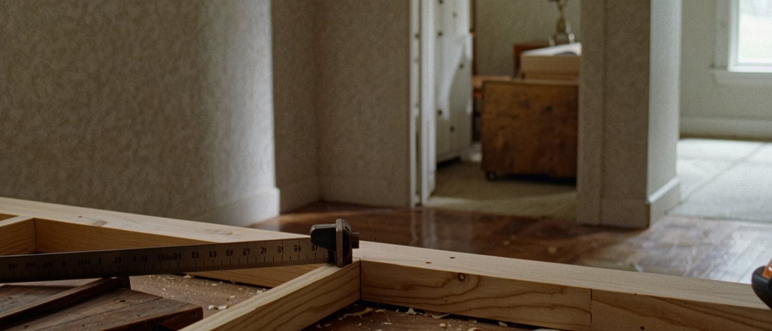a workbench crowded with a half-built frame clamped square, a try square laid across the joint, shavings and offcuts heaped around it