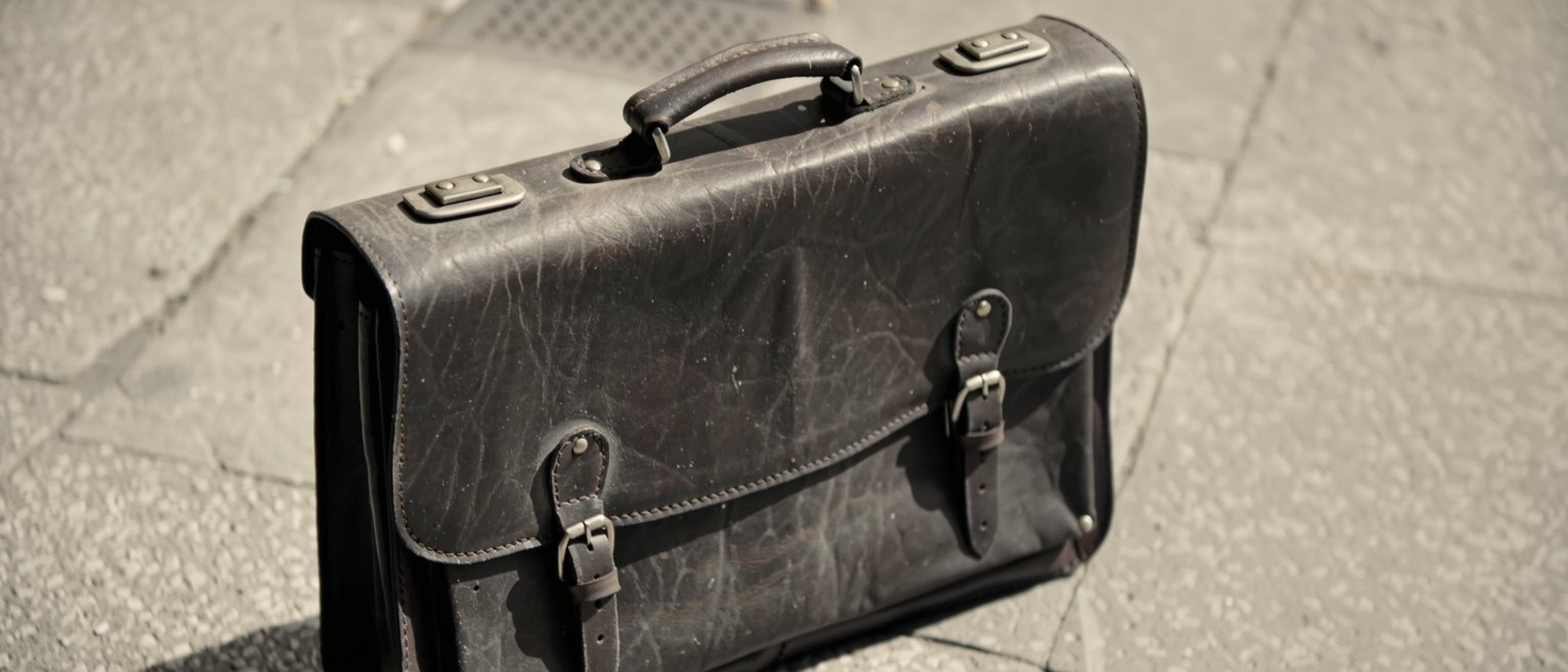 a worn leather briefcase standing closed on its clasps