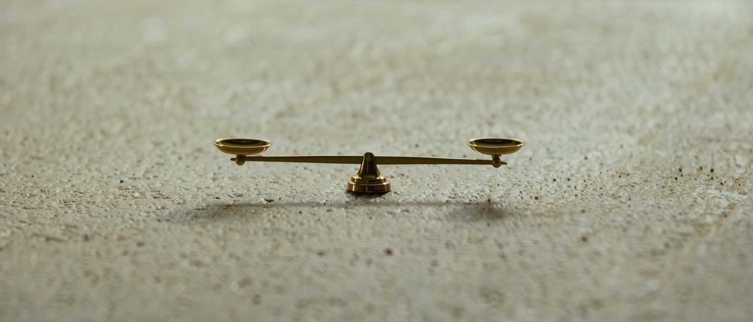 a brass beam balance standing level, one shallow pan hanging at each end of the beam