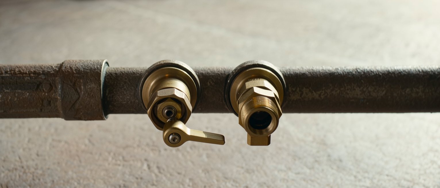 two brass stopcocks on the same iron pipe, one handle turned open and the other closed