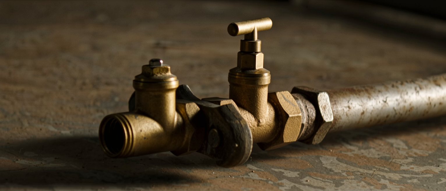two brass stopcocks on the same iron pipe, one handle turned open and the other closed