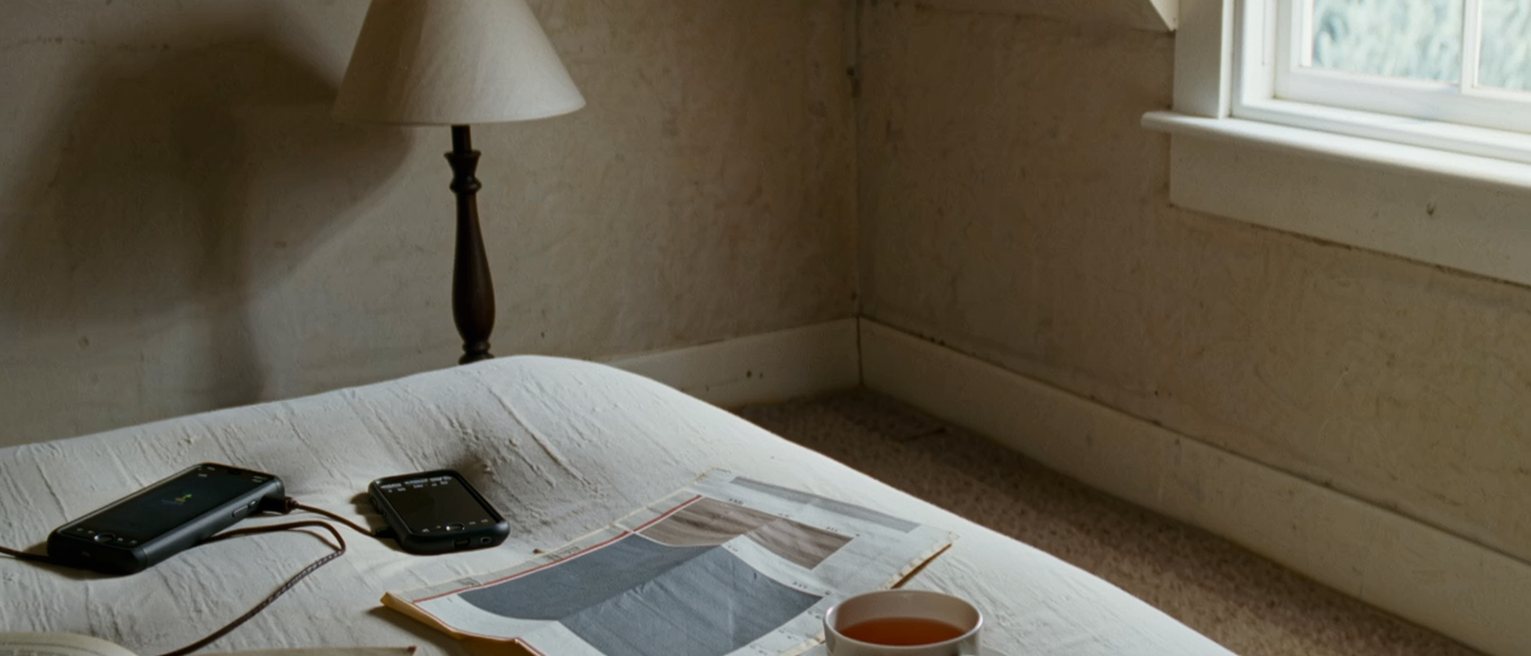 a bedroom seen close with two phones charging, a printed report with a graph folded open on the bed, a cup of tea and a paperback, the lamp close behind