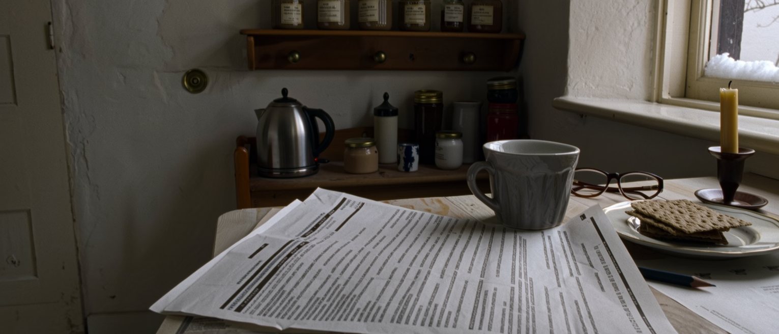 a kitchen table seen close with a printed evaluation report weighted by a coffee cup, a pencil, a plate of crispbread, a pair of reading glasses and a candle in its holder, the kettle and the shelf of jars close behind and the window with snow on the sill soft beyond