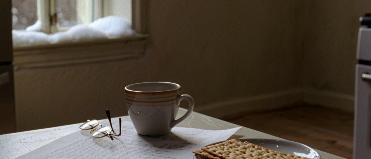 a kitchen table seen close with a printed evaluation report weighted by a coffee cup, a pencil, a plate of crispbread, a pair of reading glasses and a candle in its holder, the kettle and the shelf of jars close behind and the window with snow on the sill soft beyond