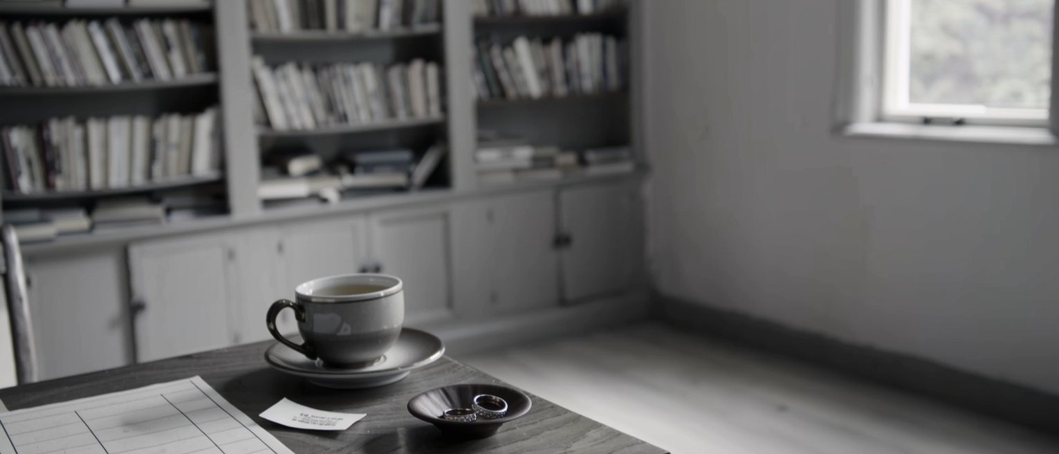 a desk seen close with a ballot paper stub beside a ruling printed and stapled, two rings in a dish and a cup of oolong, the bookshelves soft behind