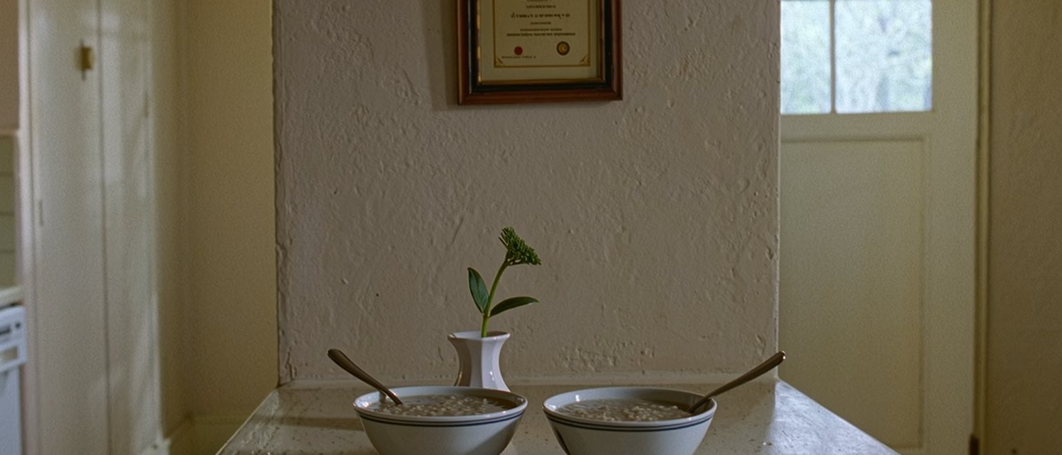 a kitchen seen close with two bowls of congee, two spoons and a small vase with a single stem, a framed certificate on the wall behind