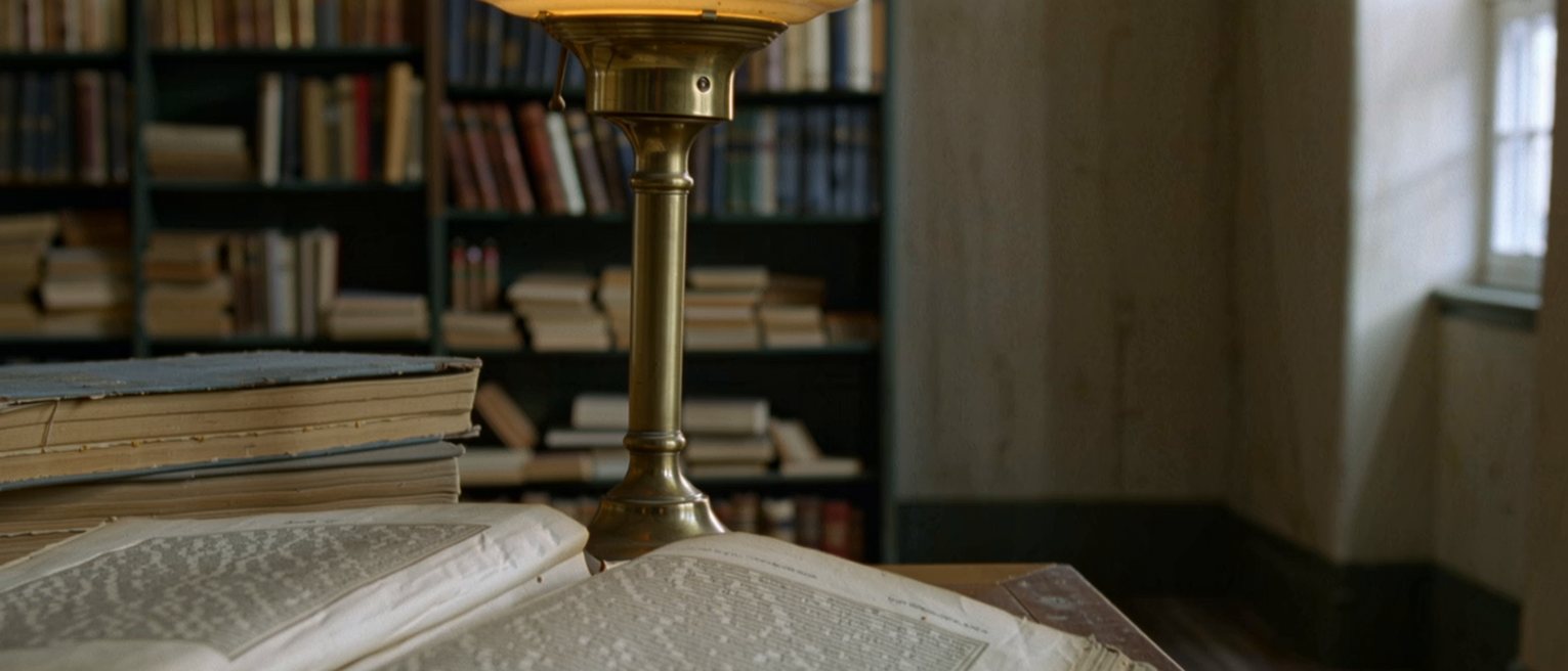 a study desk seen close with an old cloth-bound volume open at a page of Sanskrit, a brass oil lamp beside it and a stack of paperbacks, the bookshelves soft behind