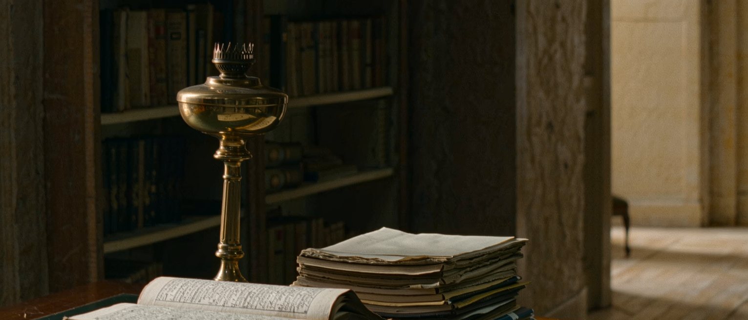 a study desk seen close with an old cloth-bound volume open at a page of Sanskrit, a brass oil lamp beside it and a stack of paperbacks, the bookshelves soft behind