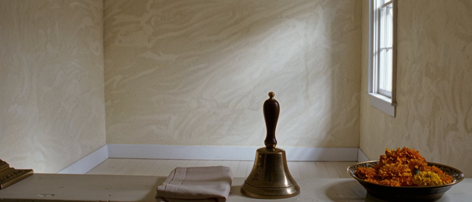 a low altar shelf seen close in a private room with a single brass bell, a folded cloth and a bowl of marigold petals, the plain wall soft behind