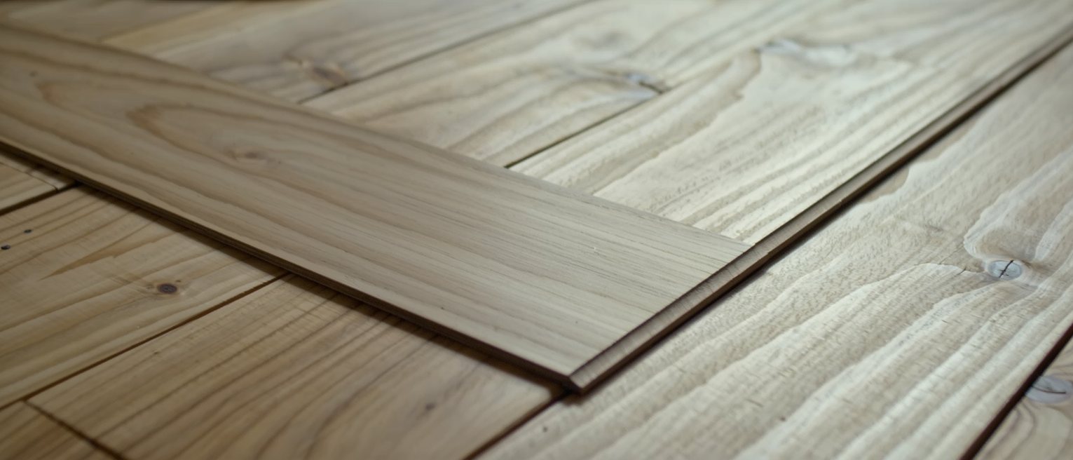 a floor of bare boards scrubbed pale, one board replaced and newer than the rest