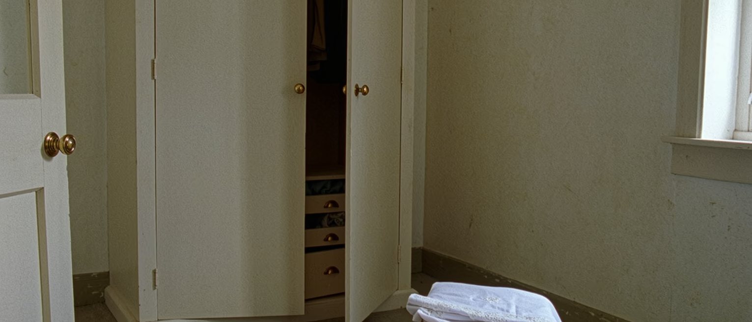 a bedroom seen close with two pairs of sandals by the door, a folded sarong on the chair and a wardrobe shared down the middle, the shutters open behind
