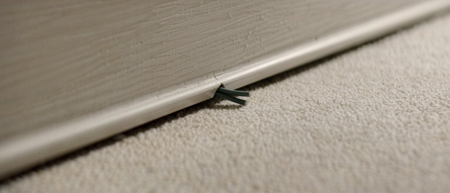 a bell wire running along a skirting board, one end unhooked from its lever