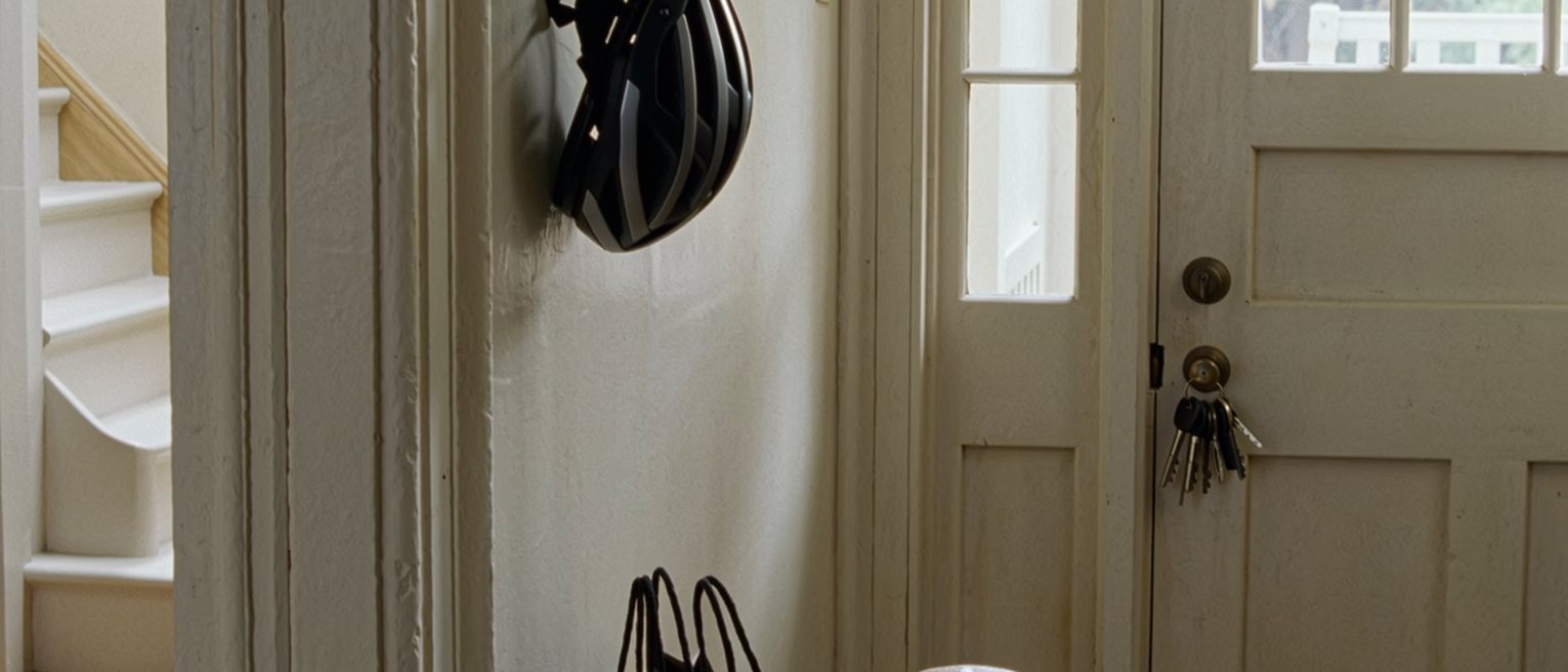 a hall seen close with a bicycle helmet on the hook, two shopping bags set down on the floor, a bunch of keys still in the door and a raw chicken sealed in its plastic tray on the console, the stairwell soft behind