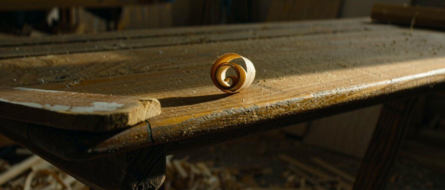 a curl of plane shavings on a bench beside the board they came off