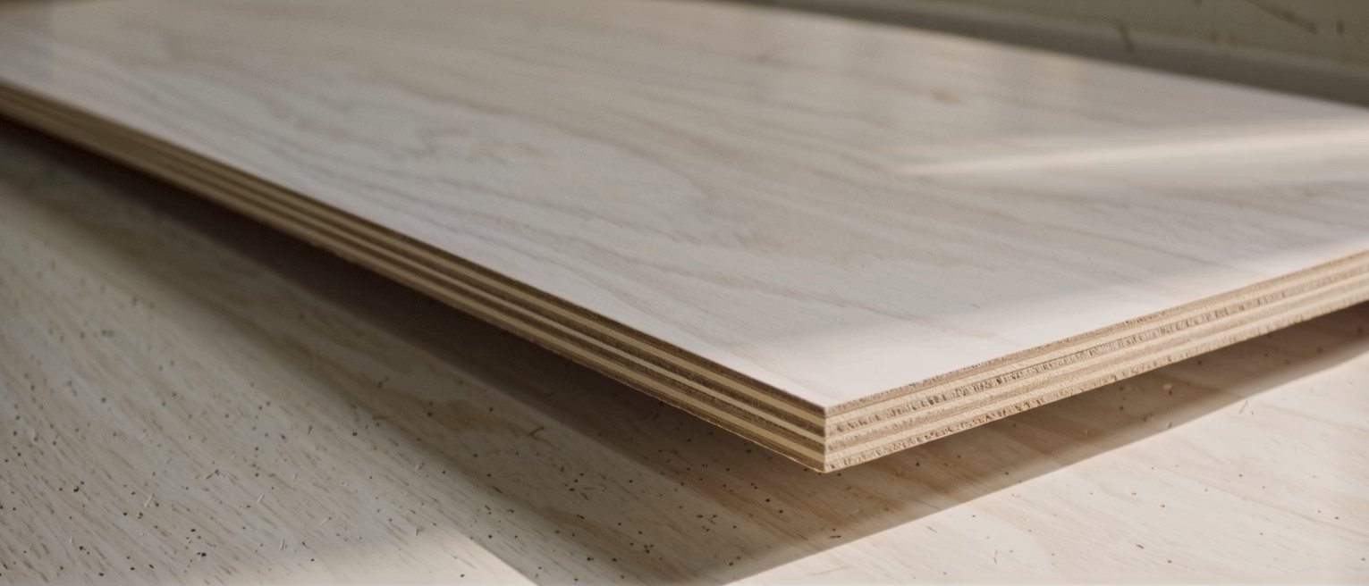 a shelf of pale plywood swept bare, its front edge rubbed bright where hands have passed along it