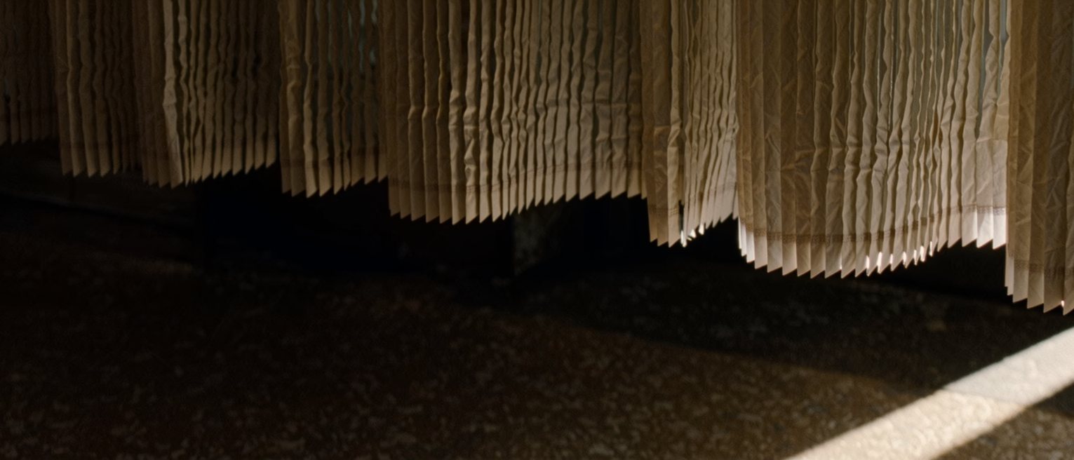 the overlapping strips of a heavy translucent plastic curtain hanging still, each strip creased down its length