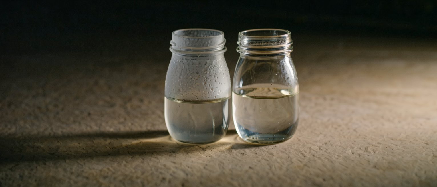 two identical glass jars holding the same amount of water at different temperatures, one fogged and one clear