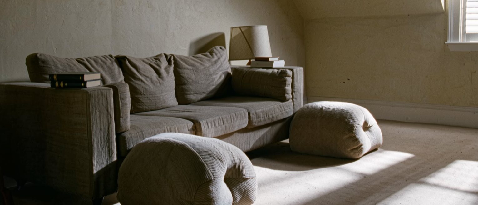 a sofa seen close with two indents at its far ends and the cushions between them untouched, one book on each arm and the lamp close behind