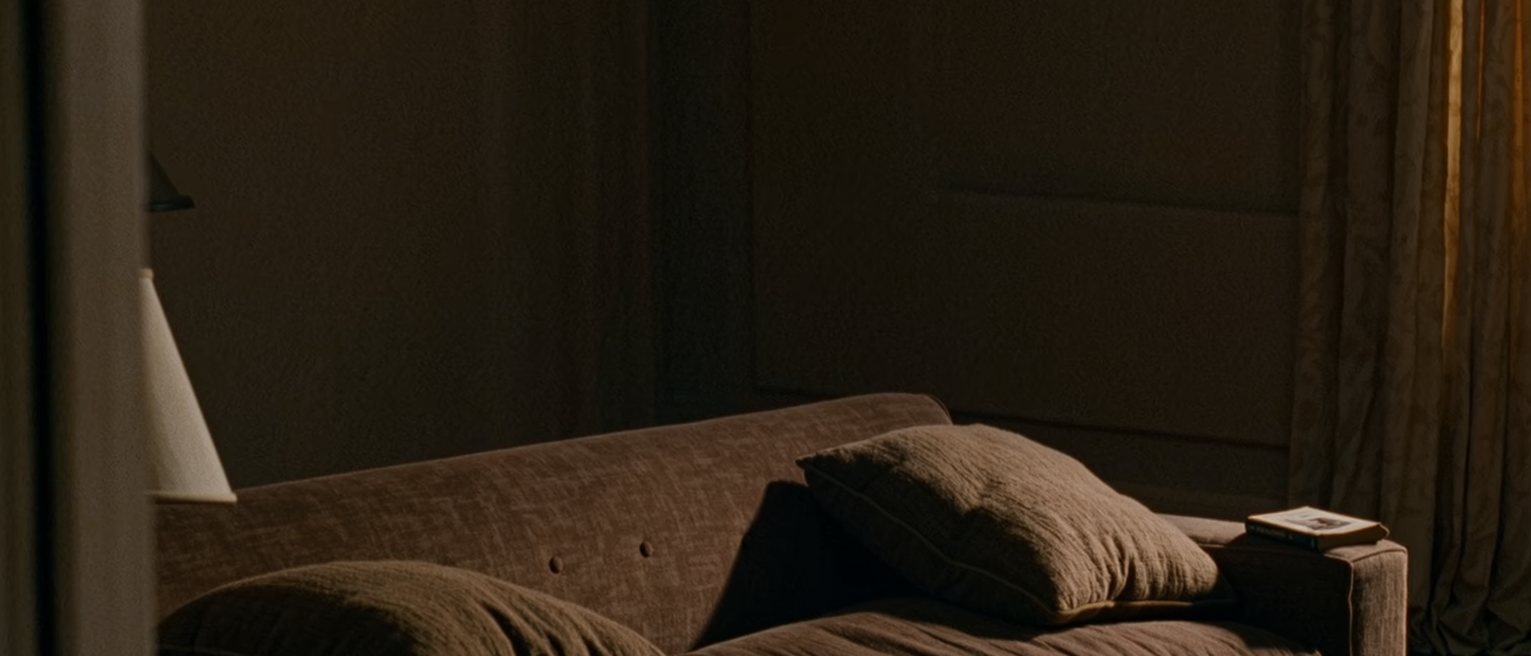 a sofa seen close with two indents at its far ends and the cushions between them untouched, one book on each arm and the lamp close behind