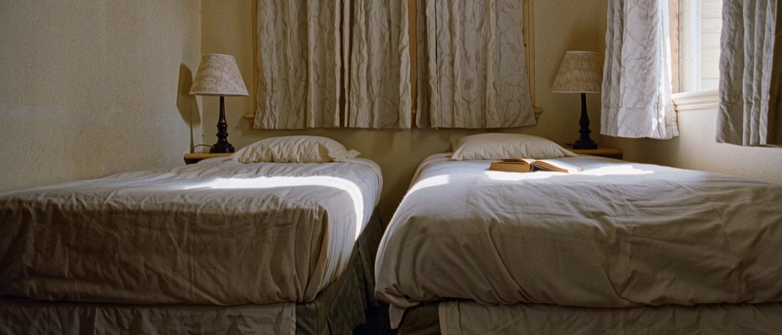 a bedroom seen close with two single beds pushed together and a gap opened between them, a lamp on each side and one book on the near pillow, the curtains soft behind