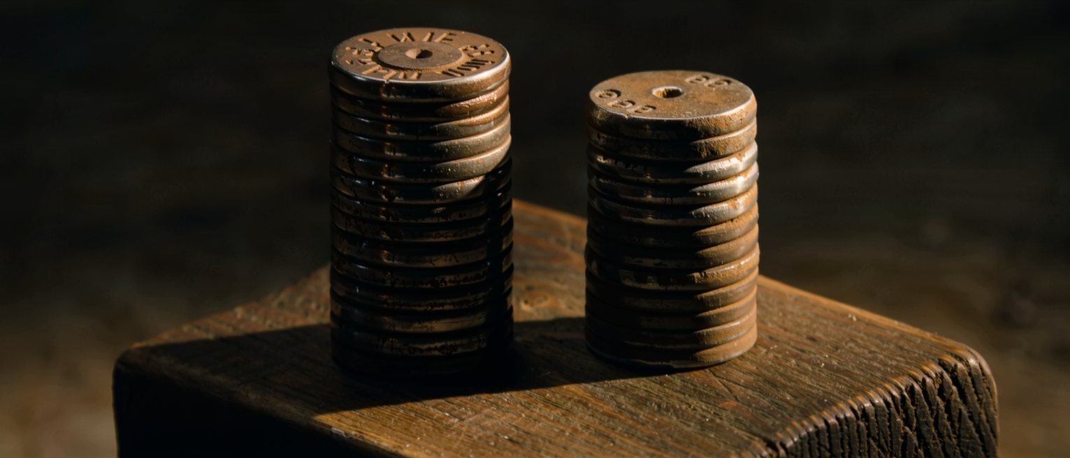 two columns of cast-iron calibration weights stacked on a workbench, one column plainly taller than the other