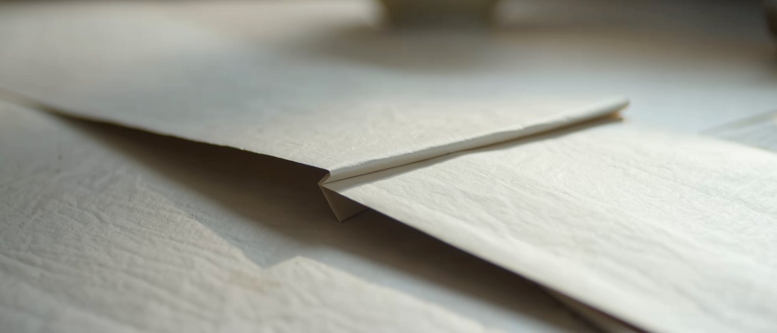 a single sheet of writing paper folded once and left unopened on a table, the fold standing up sharply