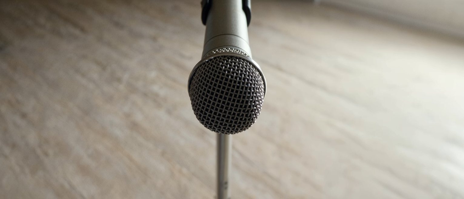 a ribbon microphone hanging in its chrome cradle, the fine mesh of the grille sharp