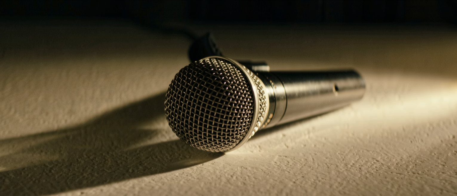 a ribbon microphone hanging in its chrome cradle, the fine mesh of the grille sharp