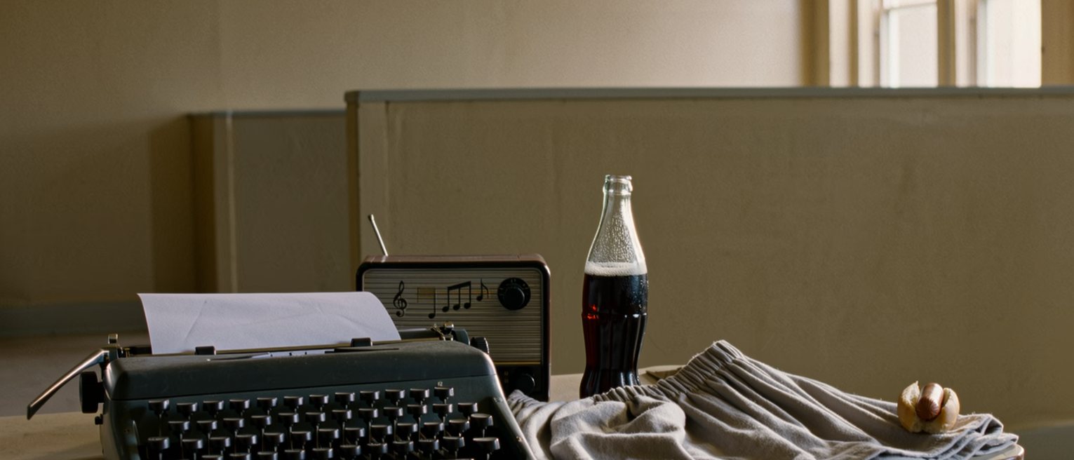 a rented room seen close with a typewriter on a small table, a bottle of cola half drunk, a radio playing beside a folded dress and a hot dog wrapper, the partition wall soft behind