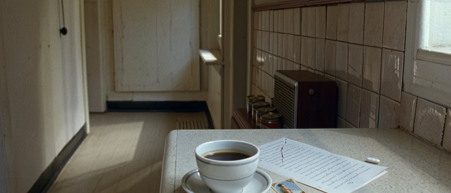 a kitchen counter seen close with a cup of black coffee, a typed page with a mistake struck through, a slip from a fortune-telling card and an aspirin, the radio and the shelf of tins close behind and the tiled wall soft beyond