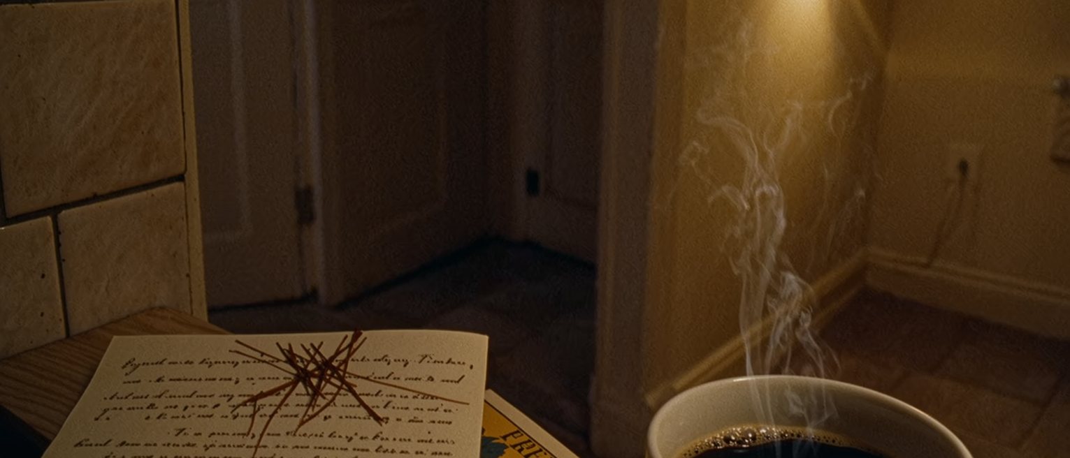 a kitchen counter seen close with a cup of black coffee, a typed page with a mistake struck through, a slip from a fortune-telling card and an aspirin, the radio and the shelf of tins close behind and the tiled wall soft beyond