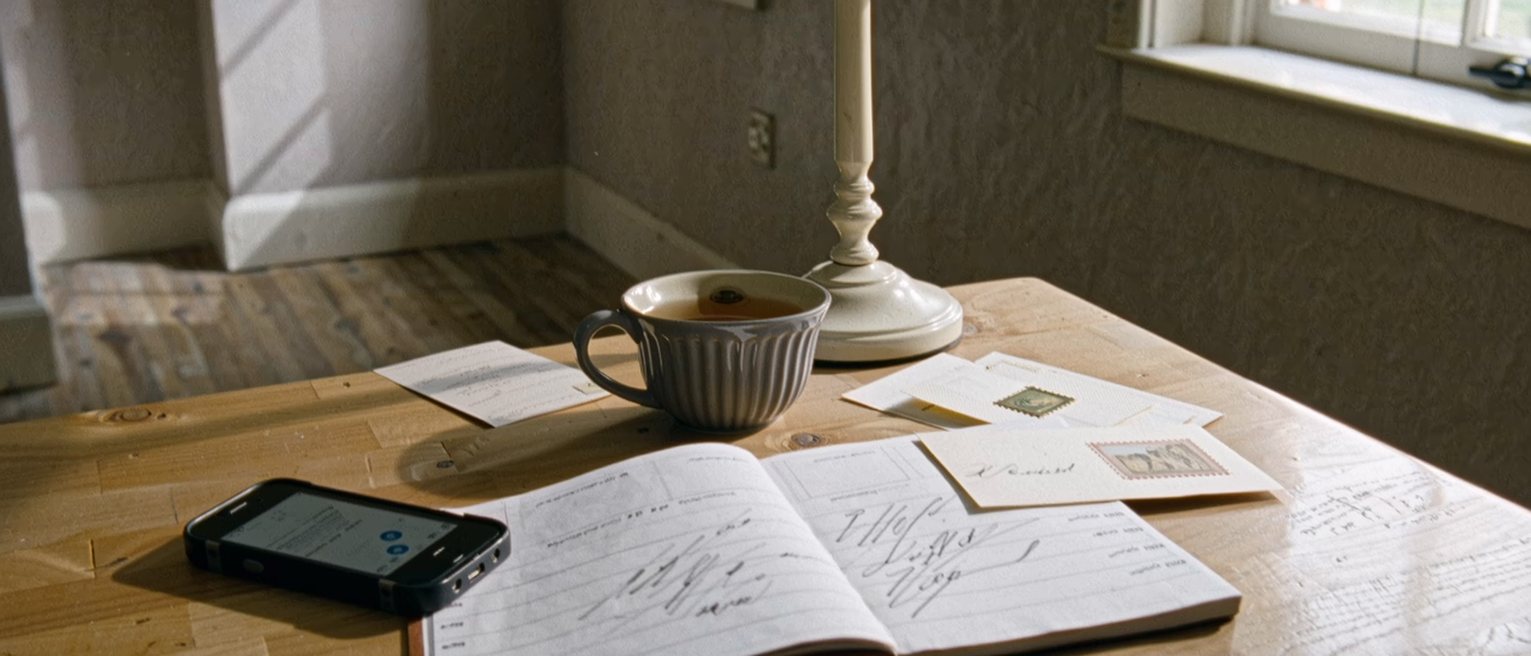 a kitchen table seen close with a phone face up beside an address book open, a stack of greeting cards written and stamped and a cup of tea gone cold, the lamp close behind