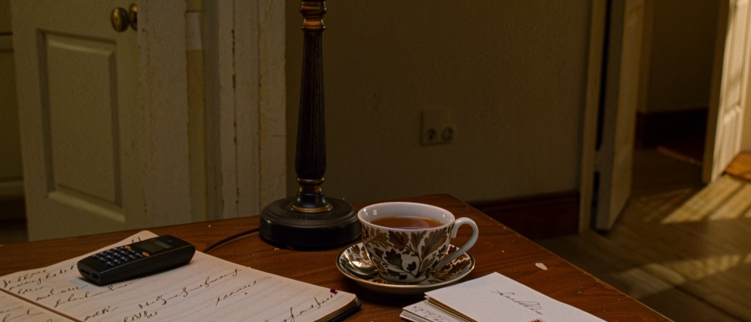 a kitchen table seen close with a phone face up beside an address book open, a stack of greeting cards written and stamped and a cup of tea gone cold, the lamp close behind