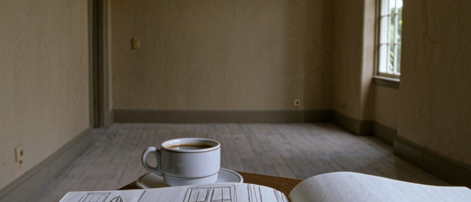 a sketchbook open on a table with a room drawn in outline only and most of the page left white, a cup of coffee beside it