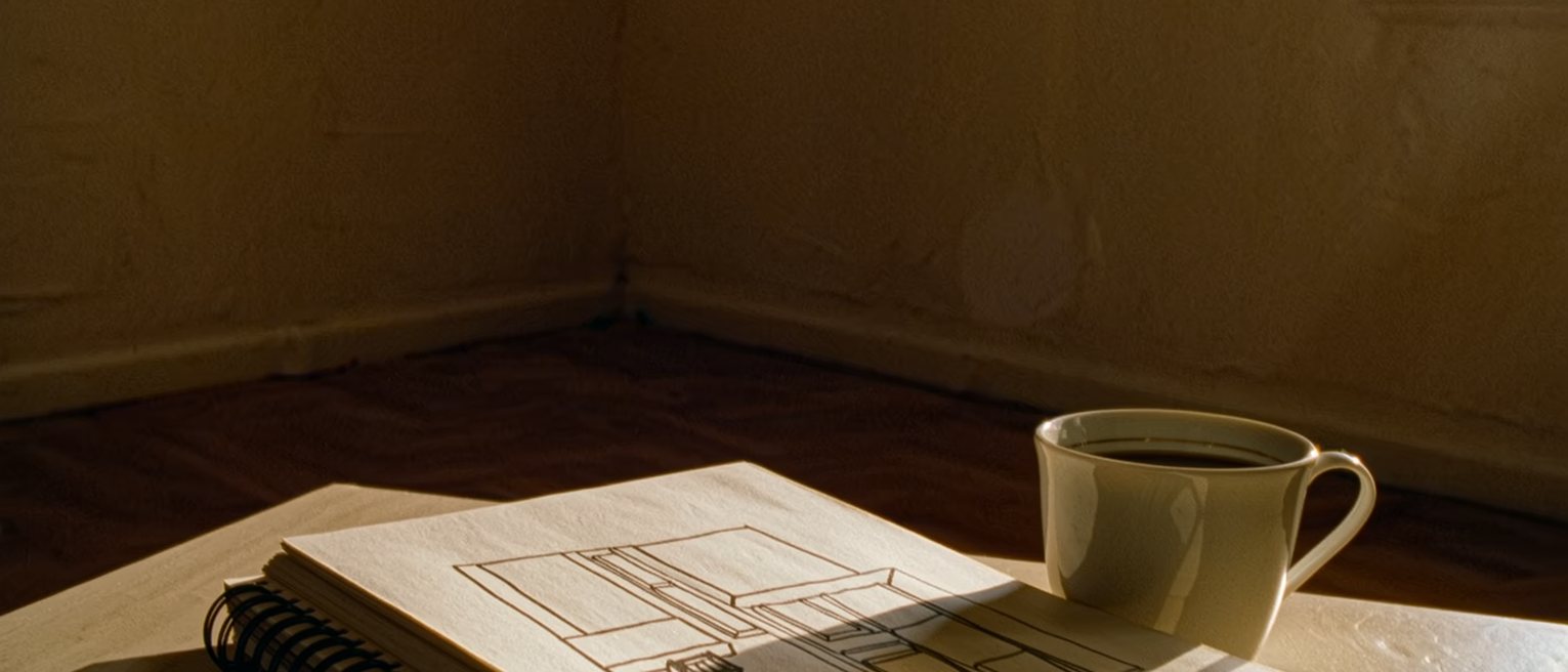 a sketchbook open on a table with a room drawn in outline only and most of the page left white, a cup of coffee beside it