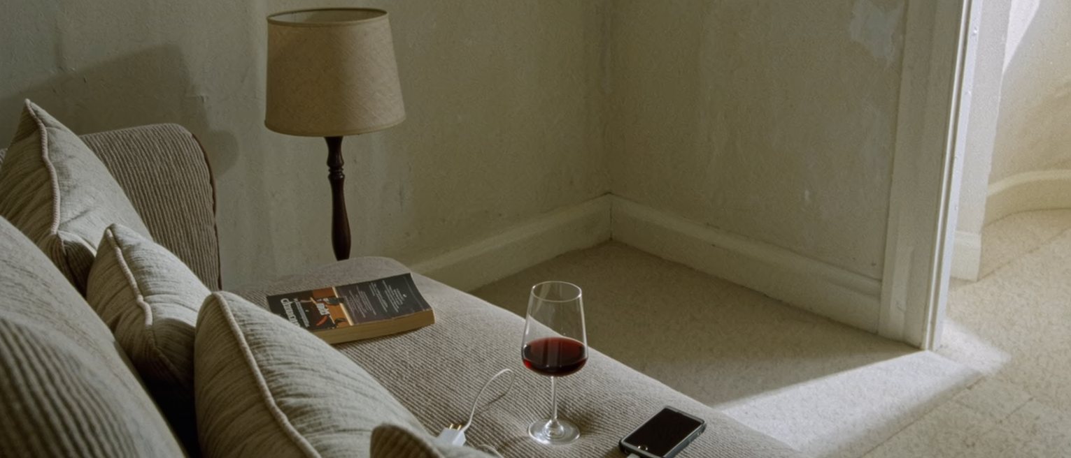 a sofa seen close with a phone face up with its screen dark on the cushion, a glass of wine and a paperback, a charger cable trailing to the wall, the lamp close behind
