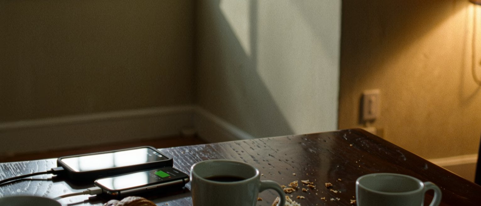 a kitchen table seen close with two phones charging from one adaptor, two coffees and a croissant torn in half, a printed boarding pass folded, the window soft behind