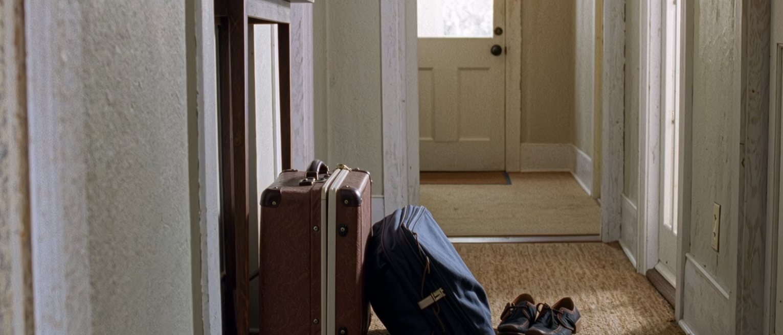a hall seen close with a suitcase packed by the door, two small pairs of shoes side by side on the mat and a set of keys on the console, the door soft behind