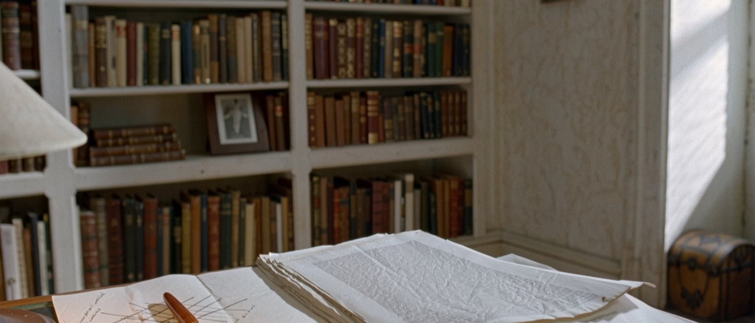 a writing desk crowded with a manuscript in a neat pile, a single page pulled out and crossed through, a fountain pen uncapped beside it, a lamp and full bookshelves close behind