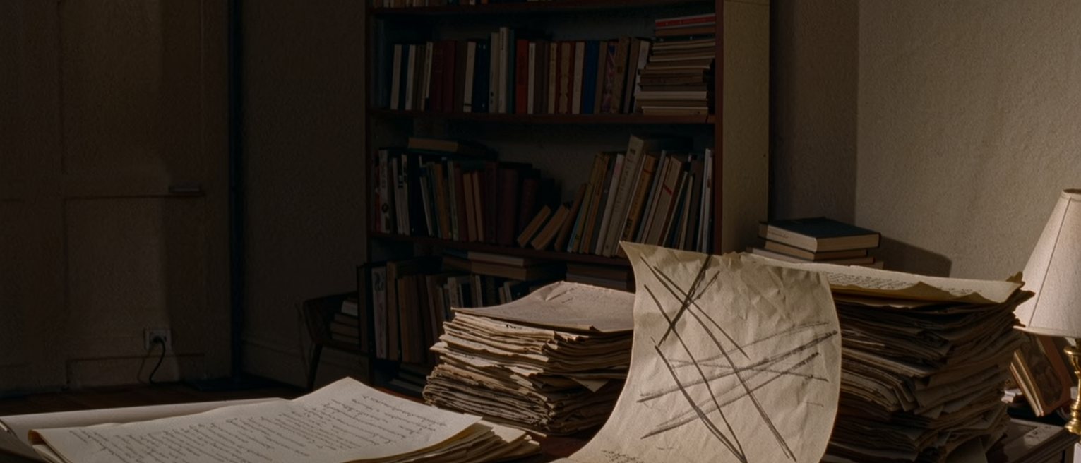 a writing desk crowded with a manuscript in a neat pile, a single page pulled out and crossed through, a fountain pen uncapped beside it, a lamp and full bookshelves close behind