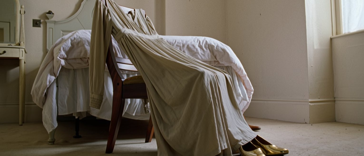 a bedroom with a worn silk dress laid over a chair and a pair of gold shoes beneath it, the made bed and a dressing table close behind
