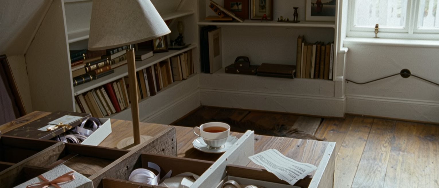 a study seen close with a shelf of objects with gaps where things stood, a box of ribbons sealed shut, a calendar with its pages torn out and a cup of tea, the desk lamp and the bookshelves close behind