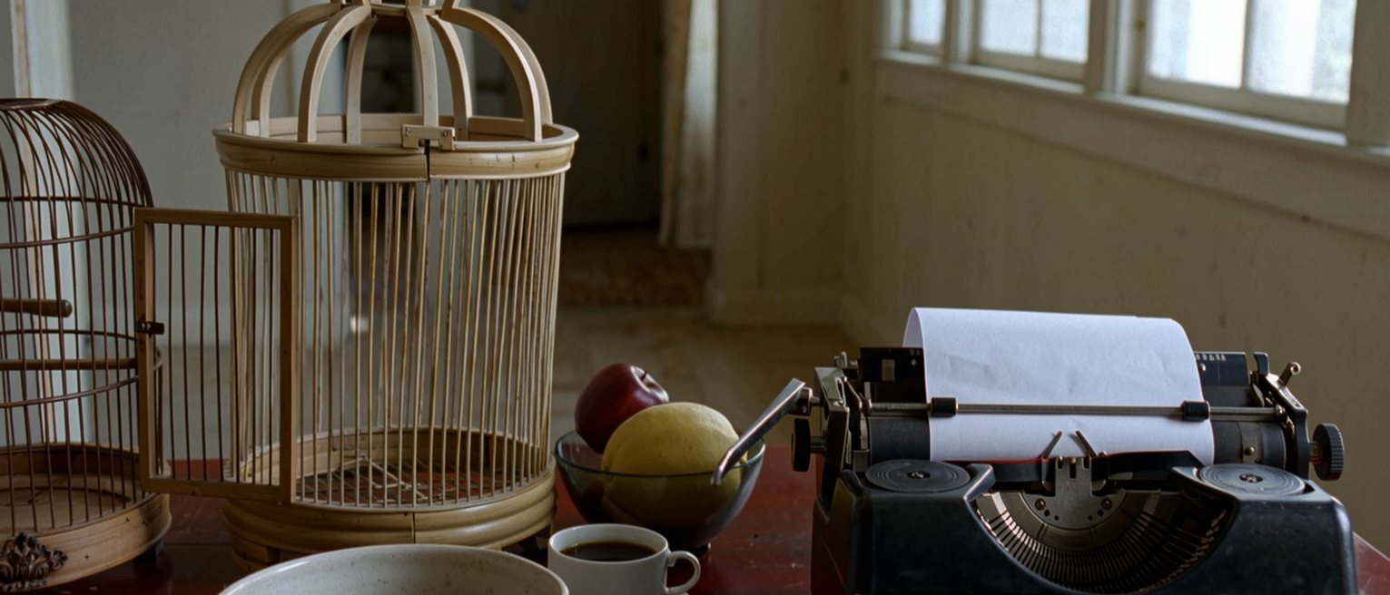 a kitchen table seen close with a bowl of fruit and one kind missing, a bird cage empty with its door open, a typewriter with a blank page and a cup of coffee, the window soft behind