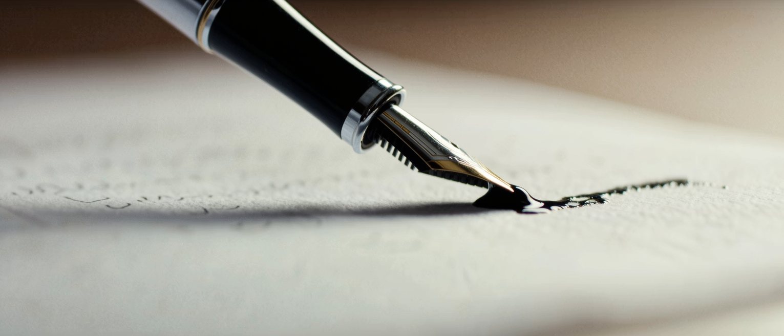 a fountain pen set down beside a written page, the nib still wet