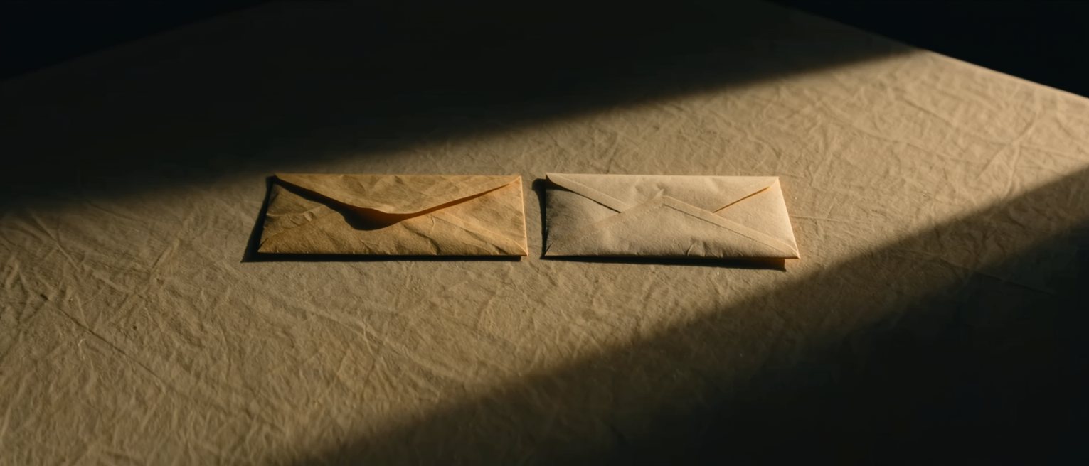 two envelopes on a table, one sealed and one still open