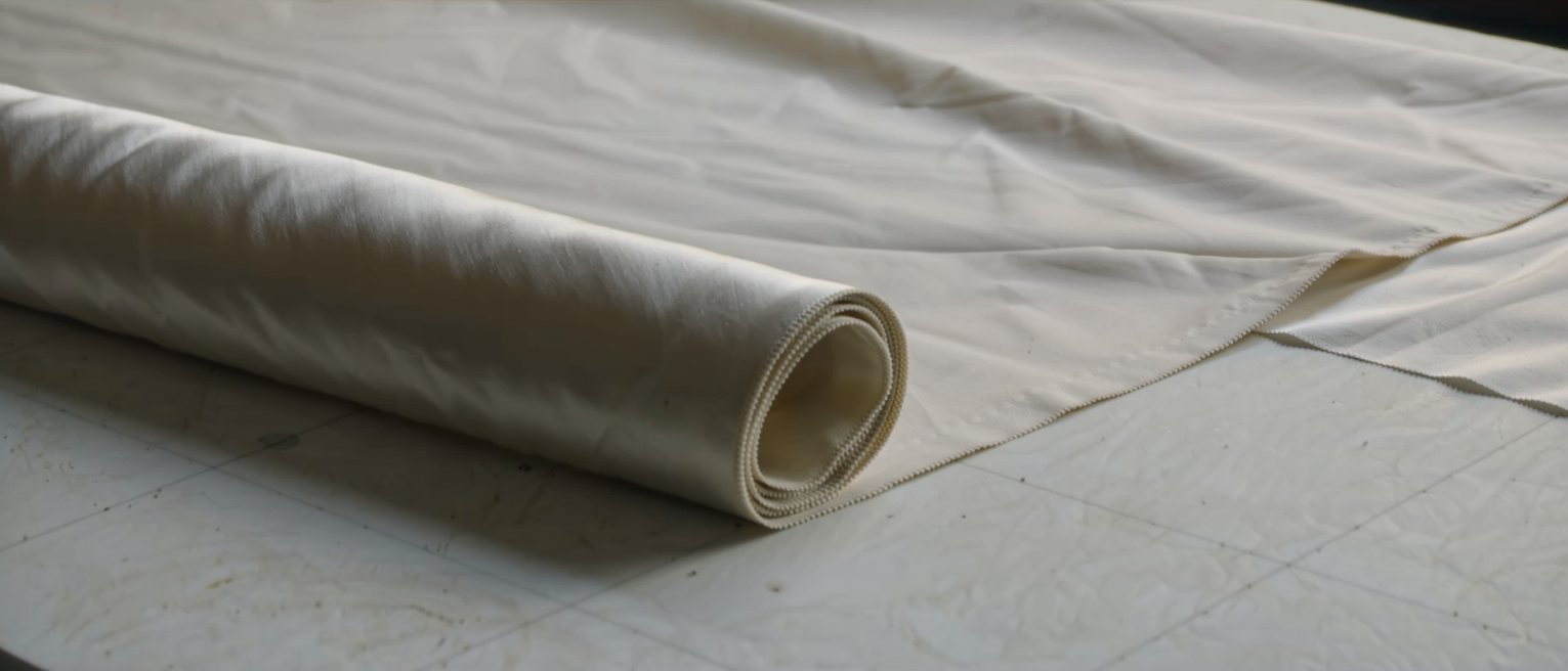 a bolt of stiff costume satin half unrolled on a cutting table, the selvedge crisp