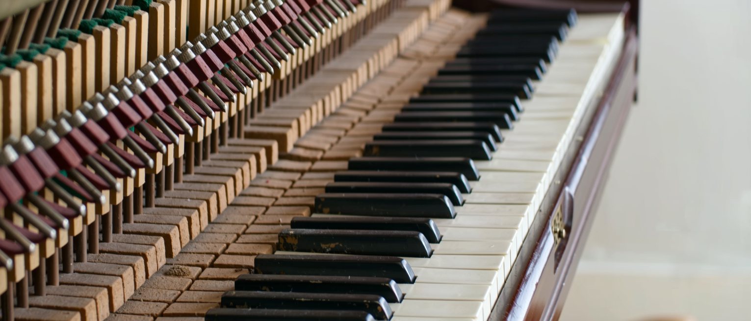 the hammers and dampers inside a piano, the felts worn where they strike