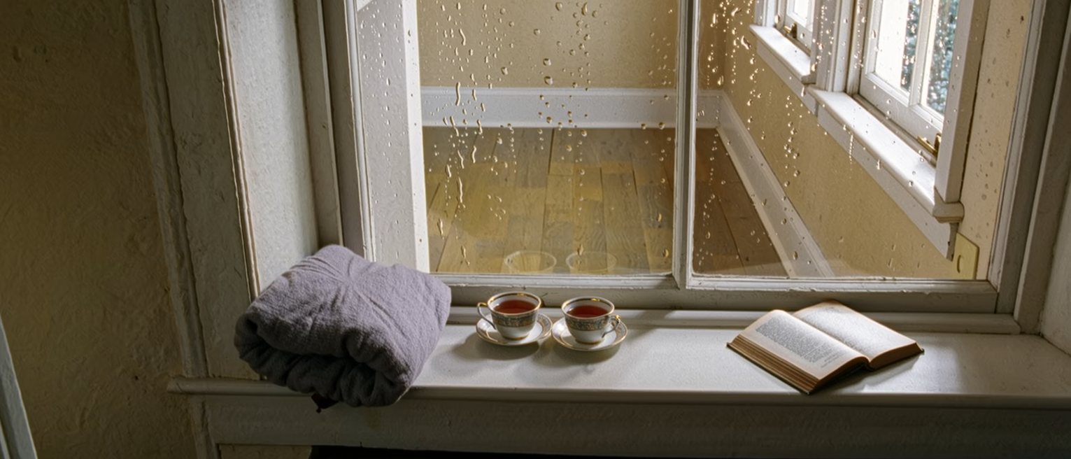 a window seat seen close with rain on the glass, two cups of tea on the sill, a blanket pushed back at one end and a book open face down at the other